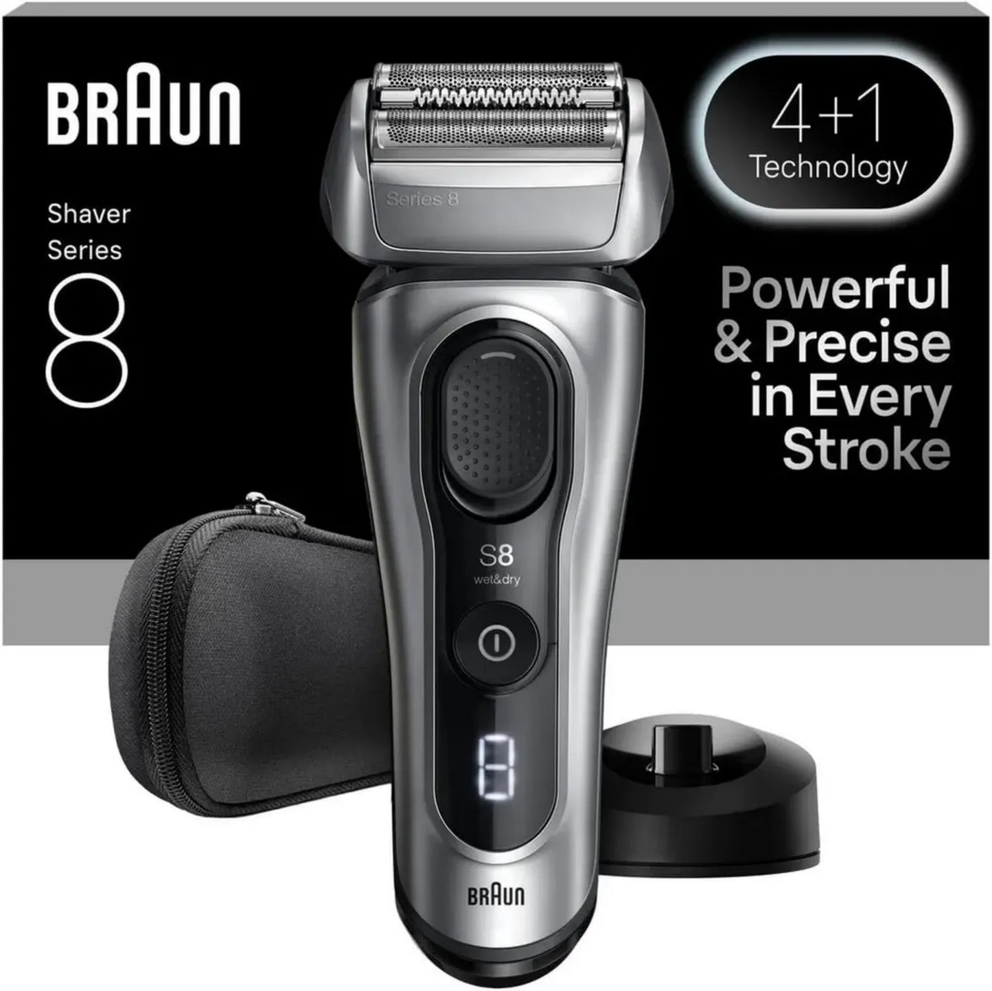 Rasoir Électrique Homme Braun Series 8, Tête Précise 4+1, Adaptation SensoAdapt, 60 min Autonomie, Support de Charge, Utilisation Humide et Sèche