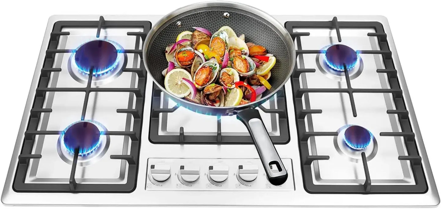 Plaque de Cuisson à Gaz 5 Feux en Acier Inoxydable avec Allumage Électronique pour Cuisine Professionnelle