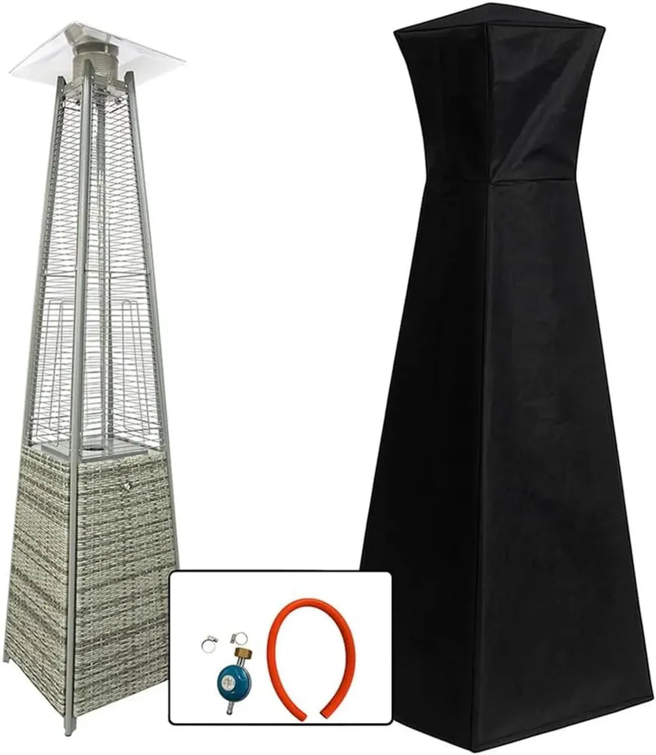 Chauffage d'Extérieur Pyramide 13 kW - Parfait pour Jardin, Bars et Restaurants - Inclus Couvercle et Régulateur - Design Moderne en Rotin Gris