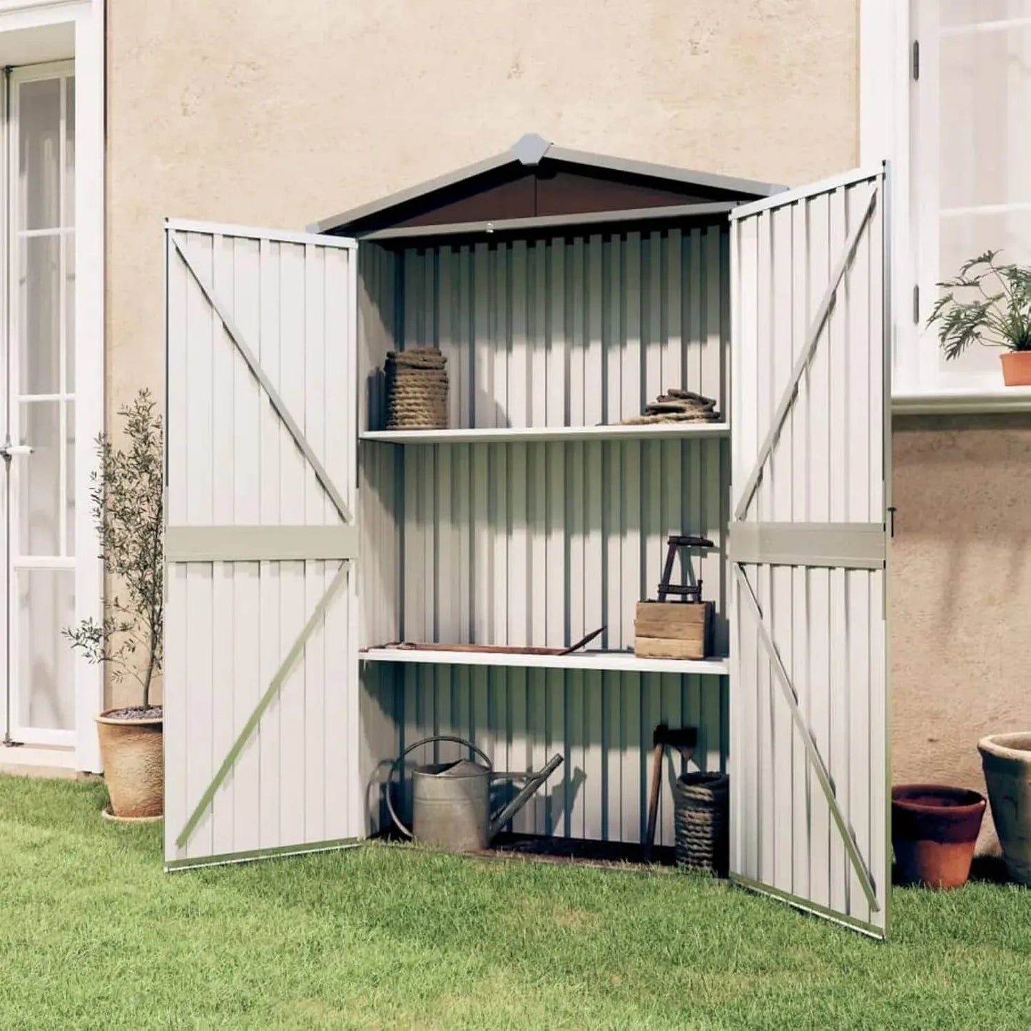 Abri de Jardin en Acier Galvanisé Marron avec Étagères et Porte 116x45x175 cm