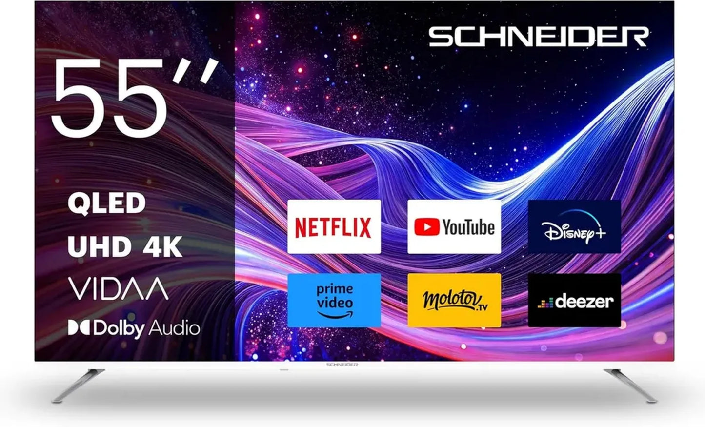 Téléviseur 4K UHD 55'' QLED Schneider - Android TV, Chromecast, HDMI x3, USB x2, Dolby audio