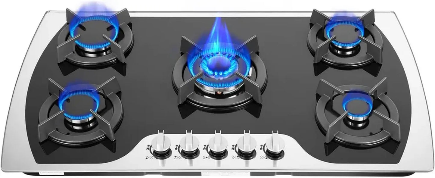 Plaque de cuisson à gaz 5 feux encastrable, verre noir, compatible GPL et gaz naturel, 90 x 51 cm, 10,25 kW