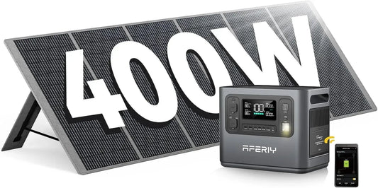 Générateur Portable AFERIY 2400W avec Panneau Solaire 400W, Batterie 2048Wh, 3 Prises CA, Centrale Électrique pour Camping