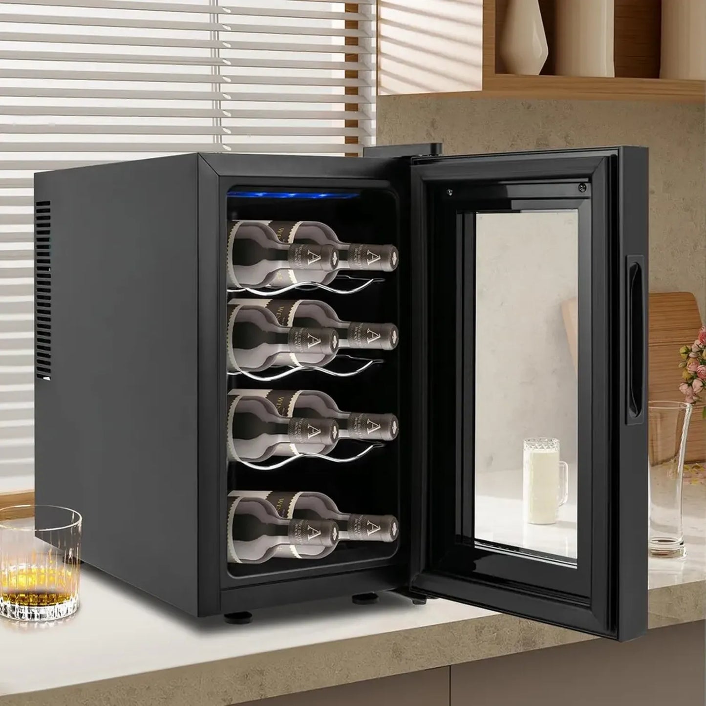 Cave à vin 8 bouteilles - Contrôle de température - Porte en verre panoramique - Éclairage LED intégré - Capacité 23L