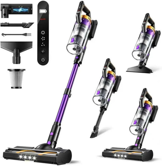 Aspirateur Balai Sans Fil 580W, Haute Puissance 48kPa, Autonomie 65 Min, Léger avec Éclairage LED, Support Mural Inclus, Idéal pour Poils d'Animaux et Tapis