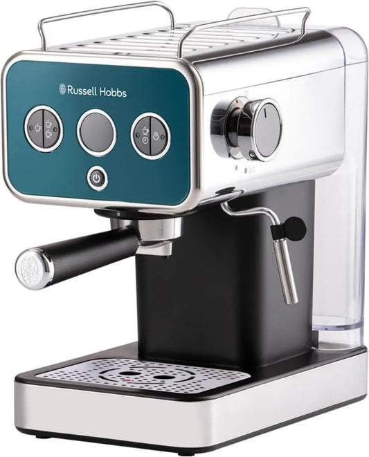 Machine à Expresso Russell Hobbs Distinctions Océan - Design Vintage, 15 Bars, Modes Automatiques et Manuels, Chauffage Rapide, Buse Vapeur, Affichage LED