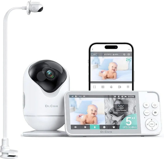 Moniteur Bébé WiFi 5 avec Caméra HD 2K, Application de Contrôle, Alerte de Mouvement et de Pleurs, Vision Nocturne, Batterie Longue Durée 5000mAh