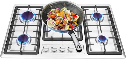 Plaque de Cuisson à Gaz 5 Feux en Acier Inoxydable avec Allumage Électronique pour Cuisine Professionnelle