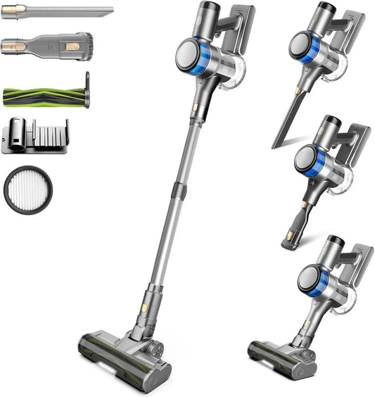 Aspirateur Balai Puissant 400W, 45KPa, Autonomie 55Min, Brosse Anti-enchevêtrement, Batterie Amovible, Sans Sac avec Écran LED pour Sols Durs et Poils d'Animaux