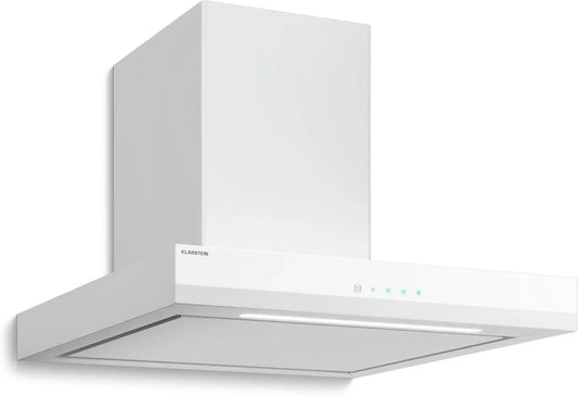 Hotte Murale Klarstein Velaire 60 cm - Efficace et Silencieuse, 600 m³/h, Classe A++, Commandes Tactiles, Éclairage LED, Filtre à Charbon, 3 Vitesses, Design Contemporain, Blanc