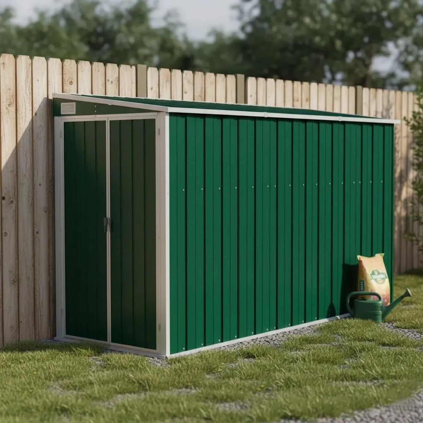 Abri de Jardin en Acier Vert avec Plancher et Fixation Murale, 118 x 288 x 178 cm, Rangement pour Outils